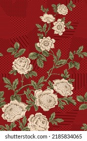 cream vector stock flowers with green leaves pattern on retro negative and stripe red background