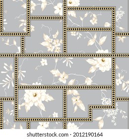 flores de la población vectorial de crema con patrón de hojas sobre fondo gris de bandanna