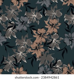 cream vector stock small flowers with green leaves pattern on green background
