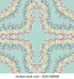 cream violet and red vector small flowers with leaves bandanna pattern on green background