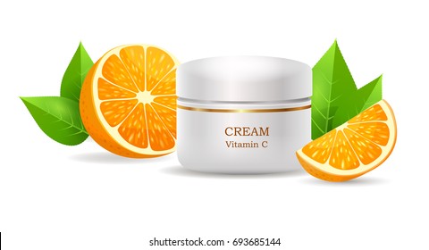 Cream with vitamin C in glossy tube near sliced oranges and leaves realistic vector on white background. Container with cosmetic product illustration for skin care, makeup and woman beauty concept