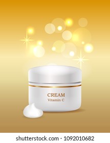 Cream with vitamin C in plastic container commercial poster. Package full of female beauty means. Luxurious moisturizer promo banner vector illustration.