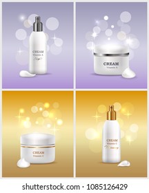 Cream vitamin A for morning and night application, collection of containers containing women skin care liquids bokeh posters set vector illustration