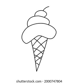  Ice cream in waffle cone with a cherry on top doodle vector illustration isolated on white background. Black and white contour line art. Dessert icon. Cafe logo. Coloring book page. Dairy product.