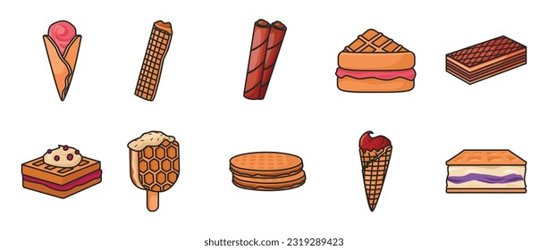 Cream waffle vector color set icon.Vector illustration icon waffle cake.Isolated color set of cream dessert and chocolate food.