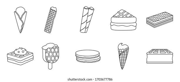 Cream waffle vector outline set icon.Vector illustration icon waffle cake.Isolated outline set of cream dessert and chocolate food.