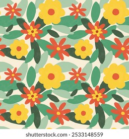 Papel de parede creme com flores laranja amarela e verde deixar rabiscar. Bonito adorável adorável. Bom para papel de parede, banners de venda, cartazes, etiquetas, tecido, artigos de papelaria, cartão de saudação e wrapper de presentes.