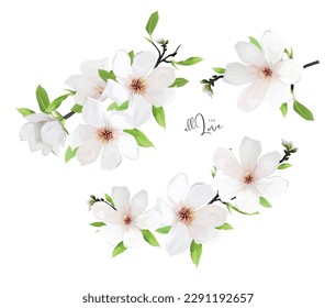 Cream white magnolia flower, green leaves, branches bouquet. Elegant watercolor style spring editable vector illustration. Lovely invite card template design. Isolated designer decorative elements set