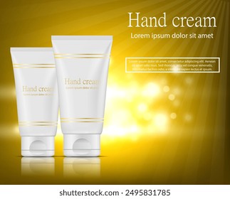 Cream in a white package on a golden background. Vector illustration