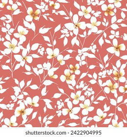 cream and white seamless vector stock flowers leaves pattern on orange background