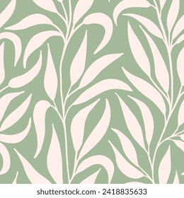 Cream white trailing foliage on sage green seamless vector pattern, great for textile, wallpaper