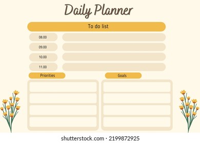Cream Yellow Cute with flowers Daily Planner illustration vector.