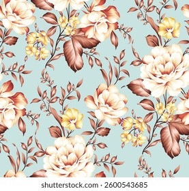 cream and yellow seamless vector stock flowers with leaves pattern on green background