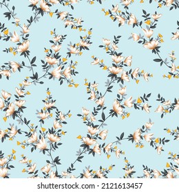 cream and yellow vector small flowers with grey leaves pattern on blue background