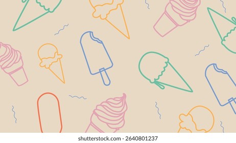 Cream-colored background with colorful popsicles and cones outlined in pastel lines. A charming and playful dessert design for summer visuals.
