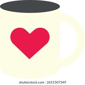 Cream-colored ceramic mug with black rim and red heart design on the front; represents warmth, affection, and cozy beverage moments.