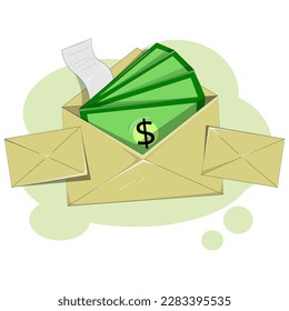 A cream-colored envelope vector containing several bills inside. Money from gifts or payday money.