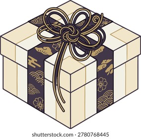 A cream-colored gift box with a decorative black and gold ribbon and bow on top, adorned with traditional Japanese designs, perfect for special occasions and celebrations.