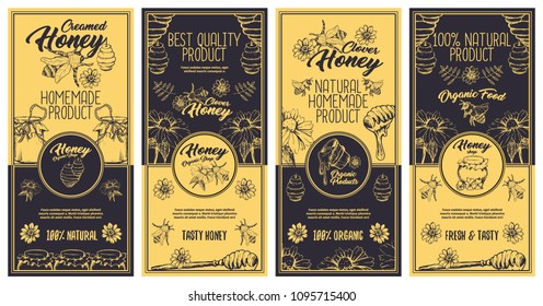 Creamed Honey Bee Brochure and Flyers Concept, Sketch Logo Designs for Packaging with Honeycombs. Vintage Creative Badges and Circle Labels. Yellow and Dark Blue Vector Illustration