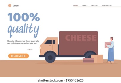Creamery dairy factory worker loads cheese, flat vector illustration isolated.