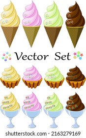 Creams and ice cream in the set.Vector set of colorful creams and ice creams with decor on a transparent background.