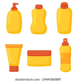 Creams, lotion, mousse, spray Set. Cosmetics collection. Skin care products. Vector illustration.
