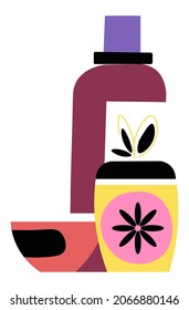 Creams and lotions, gels and shampoo, isolated bottles with organic and natural ingredients. Hair and skin care and treatment, conditioner for strengthening and natural gloss. Vector in flat style