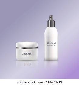 Creams with vitamins in glossy tubes with flat lid and dispenser realistic vector on gradient background. Containers with cosmetics product illustration for skin care, makeup and  woman beauty concept