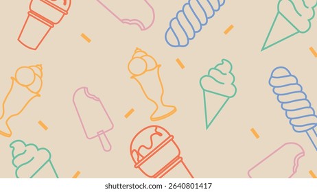 Cream-toned background with multicolored ice cream treats, cones, popsicles, and sundaes in soft pastel hues. Perfect for playful dessert visuals.