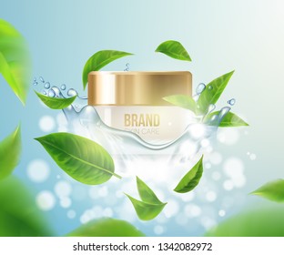 Cream.Water.  Background Concept Skin Care Cosmetic.Container mockup, cosmetic bottle package,bank,3d leaves whirl in the air. .Elegant Background.Vector illustration