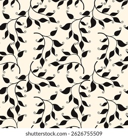 Creamy beige pattern with dark lace leaves. For backdrop, packaging, textile, wallpaper.