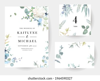 Creamy beige peony, dusty blue thistles, eucalyptus, greenery, juniper, brunia vector design frames. Wedding seasonal flower cards. Floral watercolor compositions. Elements are isolated and editable