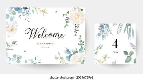 Creamy beige peony, dusty blue thistles, eucalyptus, greenery, juniper, brunia vector design frames. Wedding seasonal flower cards. Floral watercolor compositions. Elements are solated and editable