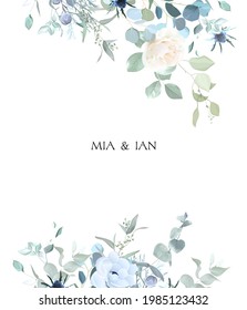 Creamy beige rose, anemone, dusty blue thistles, eucalyptus, greenery, juniper, brunia vector design frame. Wedding seasonal flower card.Floral watercolor composition.Elements are solated and editable