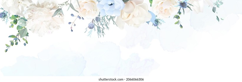 Creamy beige rose, dusty blue anemone, thistles, magnolia, peony, eucalyptus, greenery, berry juniper vector design banner. Wedding seasonal flower. Floral watercolor.Elements are solated and editable
