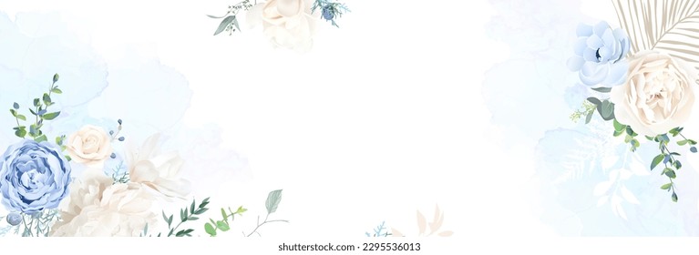 Creamy beige rose, dusty blue anemone,ranunculus, magnolia, peony, eucalyptus, greenery, berry juniper vector design banner. Wedding seasonal flower.Floral watercolor.Elements are solated and editable