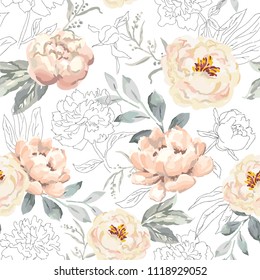 Creamy blush peony flowers and gray leaves print. Delicate illustration. Vector seamless pattern. Linear botanical design. Floral graphic. Nature summer plants. Romantic wedding background