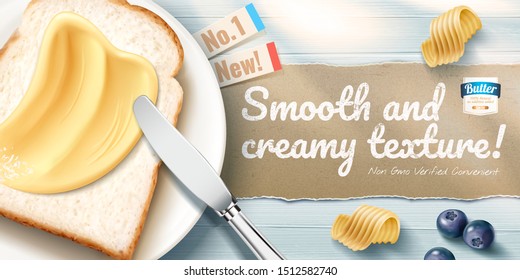 Creamy butter ads with delicious toast on blue wooden table in 3d illustration, flat lay perspective