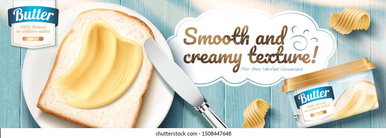 Creamy butter banner ads with delicious toast on blue wooden table in 3d illustration, flat lay perspective