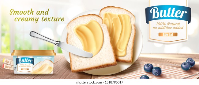 Creamy butter banner ads with delicious toast on wooden table in 3d illustration