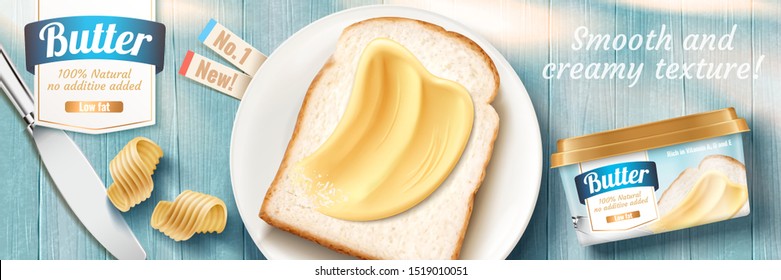 Creamy butter banner ads with delicious toast on blue wooden table in 3d illustration, flat lay perspective