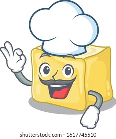 Creamy butter cartoon character wearing costume of chef and white hat