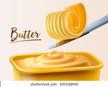 Creamy butter container, curl butter on knife in 3d illustration