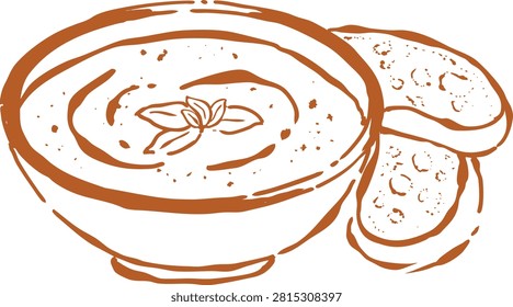 Creamy Butternut Squash Soup Served with Rustic Bread Warm Fall Comfort Food Hand Drawn Vintage Illustration