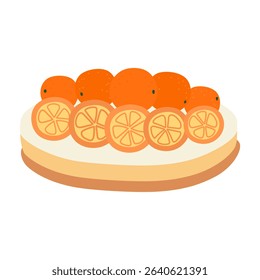 Creamy cake with oranges decoration in flat cartoon design. Sweet pastry dessert with cream layers and whole or sliced citrus fruits. Homemade birthday cheesecake. Vector illustration isolated.