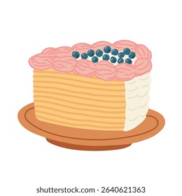 Creamy cake piece with blueberries in flat cartoon design. Sweet pastry dessert with delicious layers, whole berries whipped cream decor. Homemade birthday cheesecake. Vector illustration isolated.