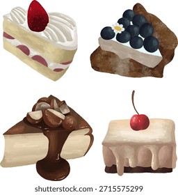 Ilustraciones cremosas de rebanadas de pastel con bayas y salsa de chocolate