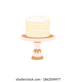 Creamy cake with sprinkles, delicious dessert. Stand for cake and sponge cake with words. Doodle vector, illustration on isolated white background. Party decorations, on paper, postcard, banner