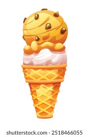 Creamy caramel ice cream with chocolate chips on a waffle cone. Vector cartoon illustration