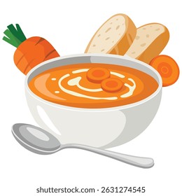 creamy carrot soup parsley baguette isolated vector illustration on white background